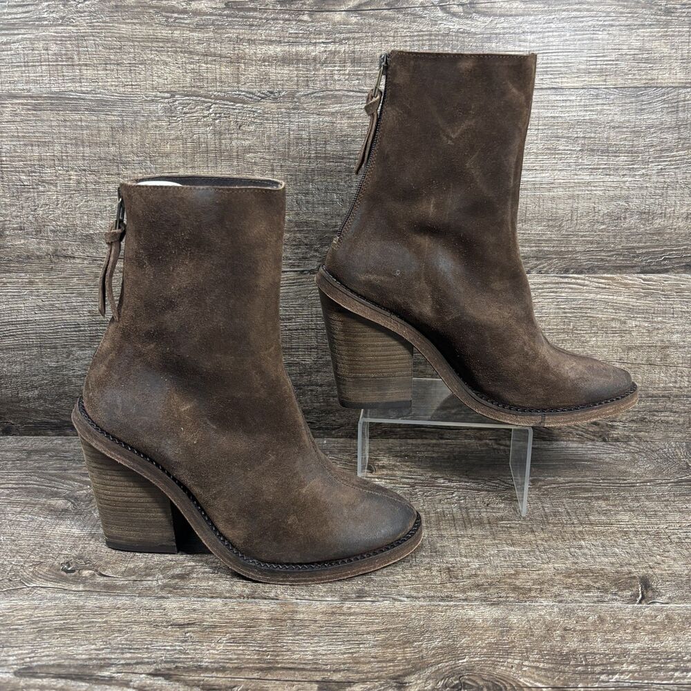 Free People Marquis Boots Womens Size 37 Brown Suede Leather Stacked Heel Zip